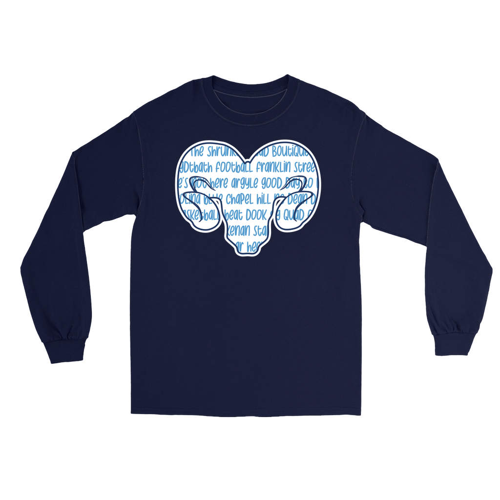 Carolina Blue and White Word Ram Adult Long Sleeve Tee