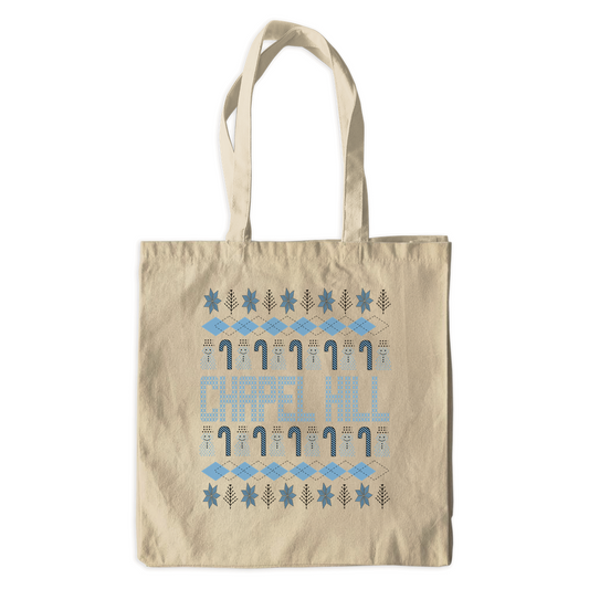 Chapel Hill Christmas Pattern in Carolina Blue Canvas Tote Bag