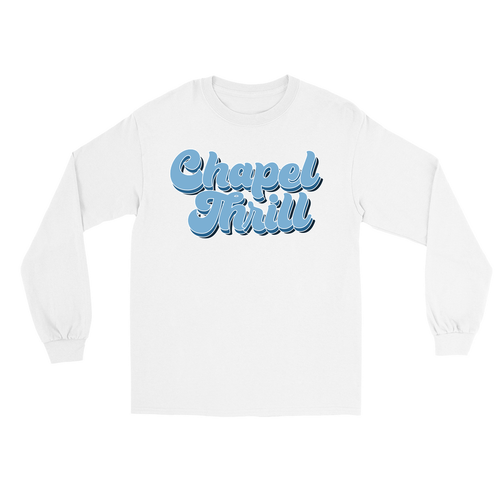 Carolina Blue and White Chapel Thrill Vintage Groovy Long Sleeve T-Shirt by Shrunken Head
