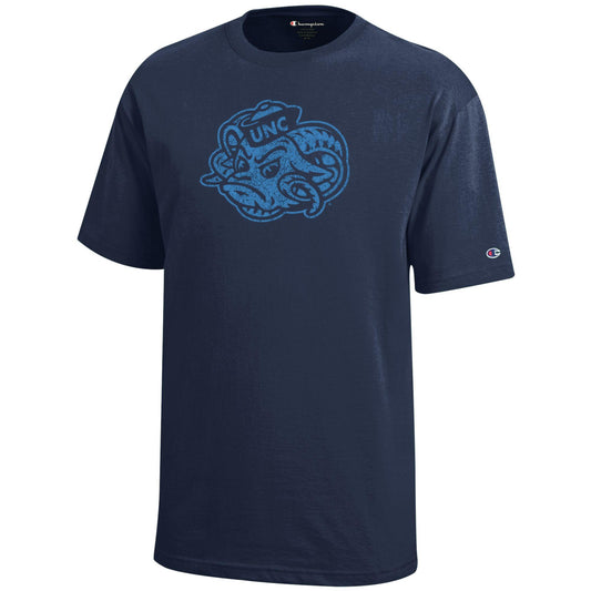 UNC Mascot Kid's T-Shirt in Navy with Carolina Blue Rameses