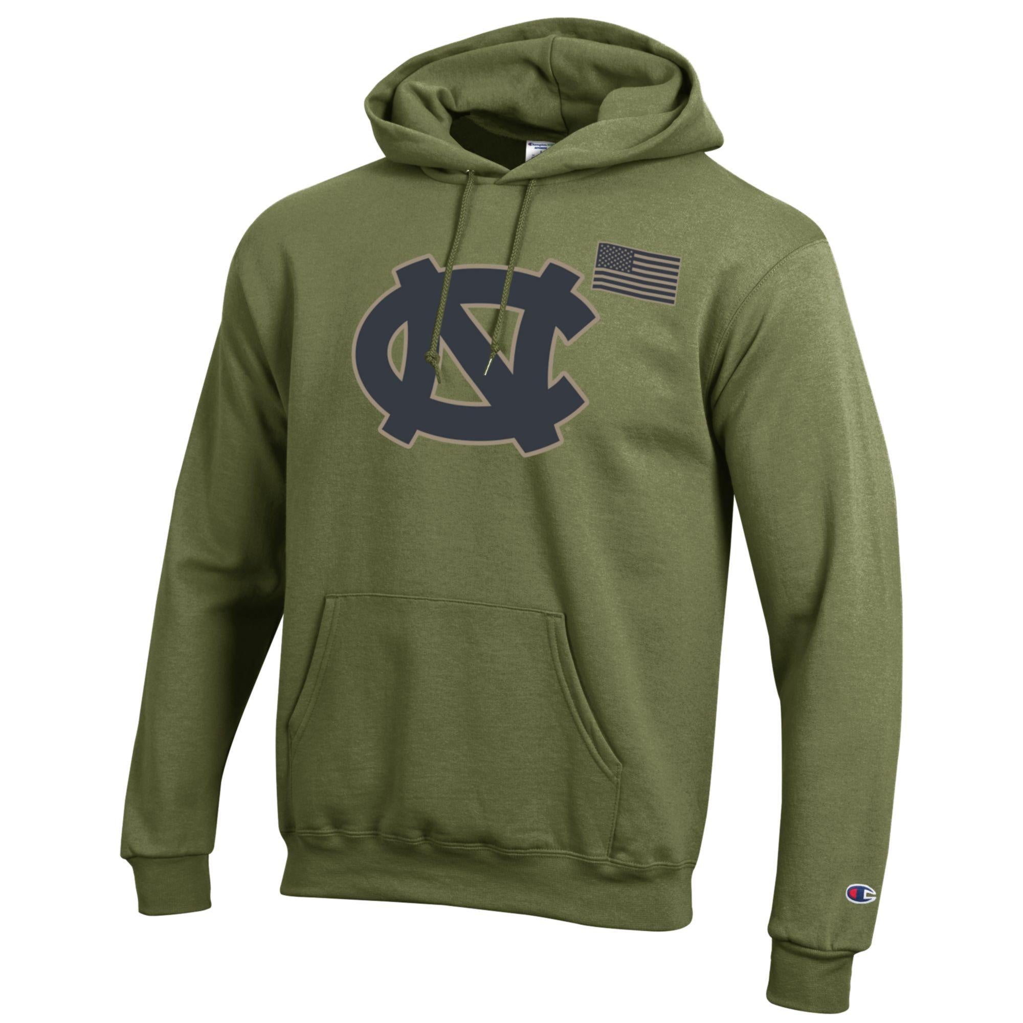 North Carolina Tar Heels Cargo Hoodie in Olive Green by Champion Shrunken Head