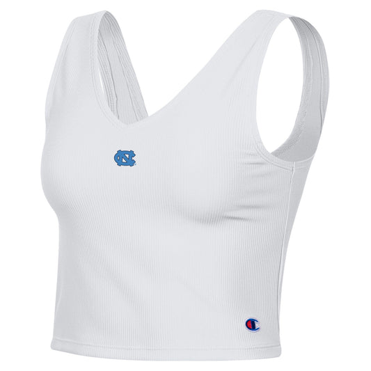 UNC Tar Heels White Ribbed V-Neck Crop Top