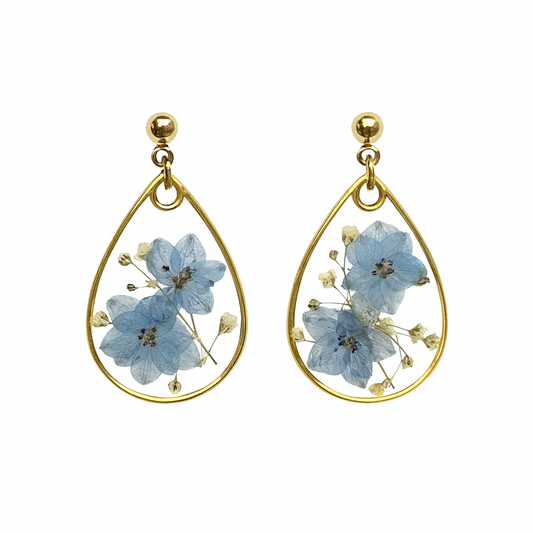 Blue Forget-Me-Not Queen Anne's Lace Resin Teardrop Earrings