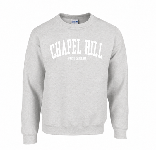 SHB Ash Grey with White Lettering Chapel Hill NC Crewneck Sweatshirt - Main View - Shrunken Head
