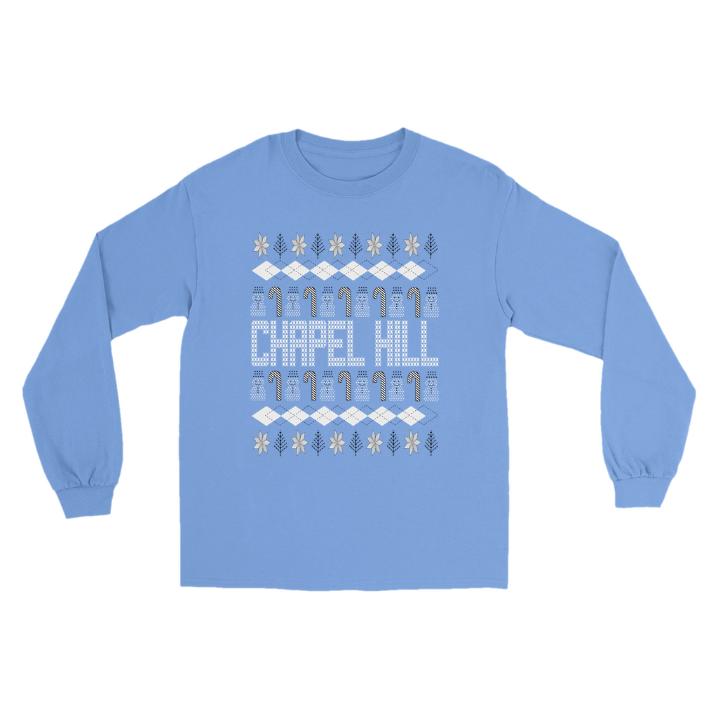 Chapel Hill Christmas Pattern Carolina Blue Adult Long Sleeve T-Shirt