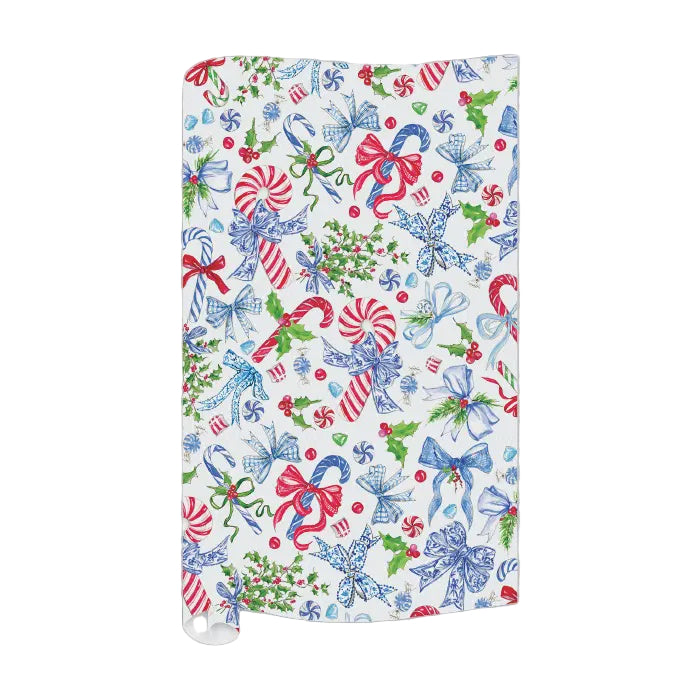 Blue Chinoiserie Bows Holly and Candy Cane Wrapping Paper