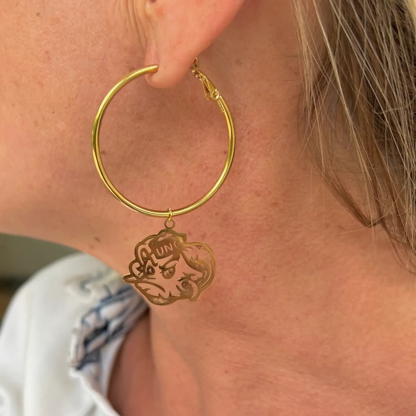 UNC Earrings with Rameses Gold Hoops by Steele Sloan Designs