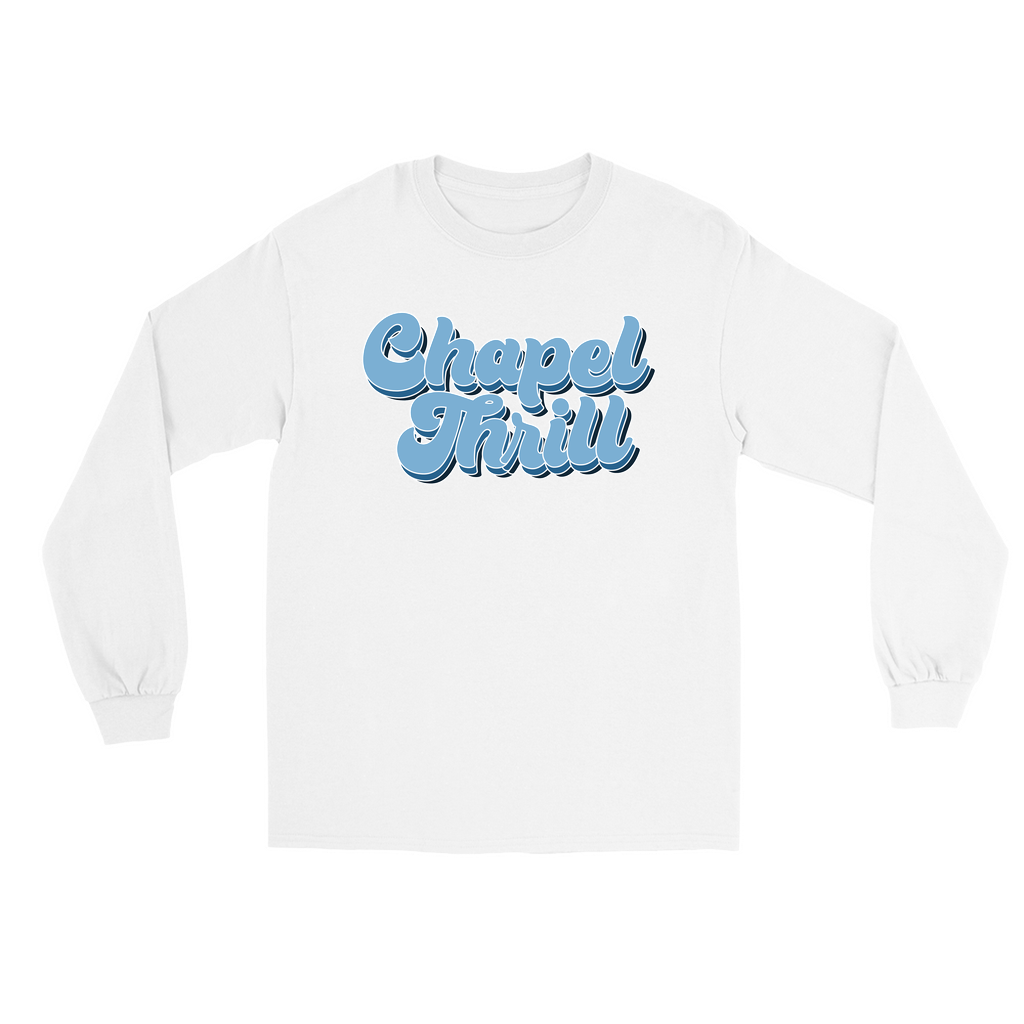 Carolina Blue and White Chapel Thrill Vintage Groovy Adult Long Sleeve T-Shirt by Shrunken Head