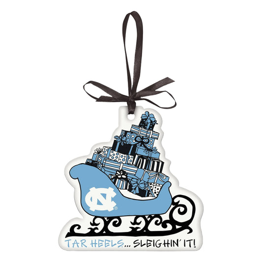 Tar Heels Sleighin It Ceramic UNC Christmas Ornament - Main View - Magnolia Lane