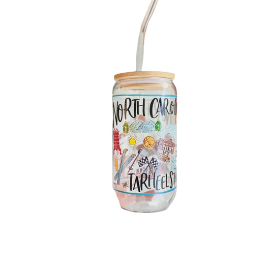 State of North Carolina 16 oz Glass Cup With Bamboo Lid & Straw