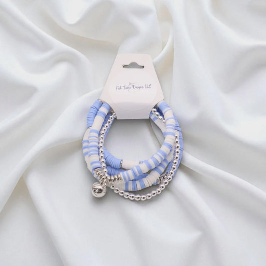 Light Blue and White Game Day Bracelet Stack With Football Charm-SILVER