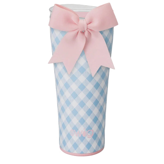 Blue Gingham 32 oz Tumbler & Removable Pink Bow