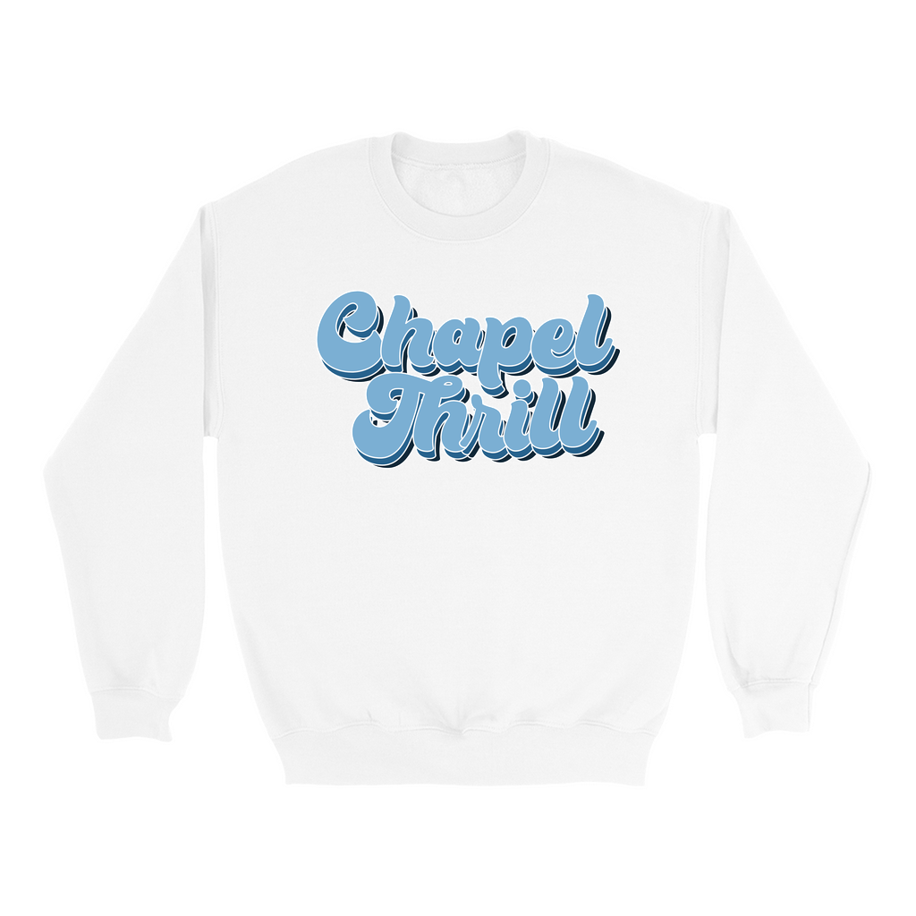 Carolina Blue and White Chapel Thrill Vintage Groovy Sweatshirt by Shrunken Head