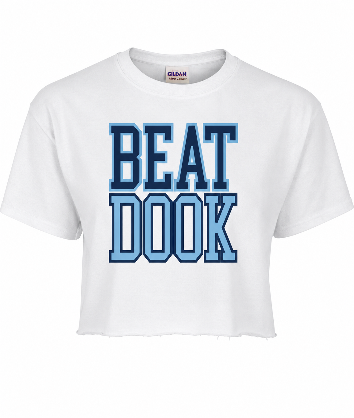 Beat Dook Crop Top in White with Carolina Blue Letters