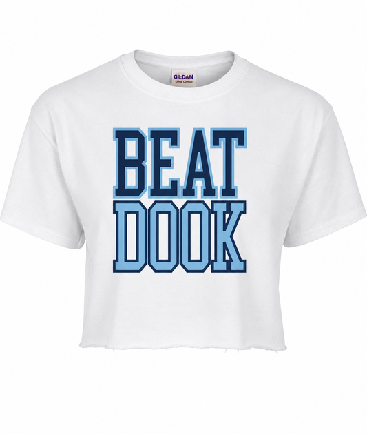Beat Dook Crop Top in White with Carolina Blue Letters