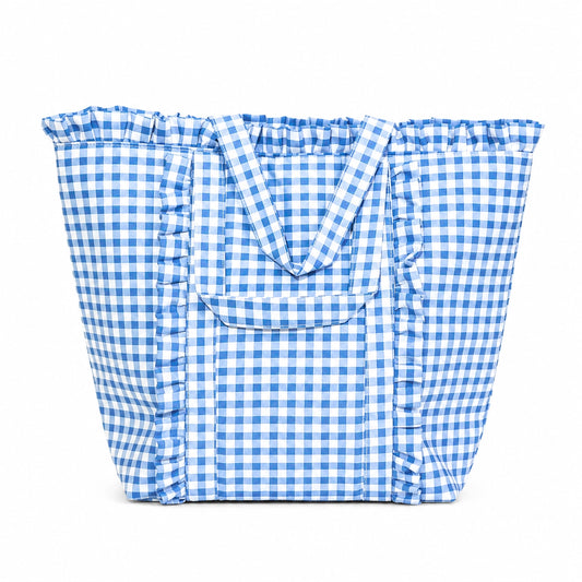 Blue Gingham Ruffle Tote Bag