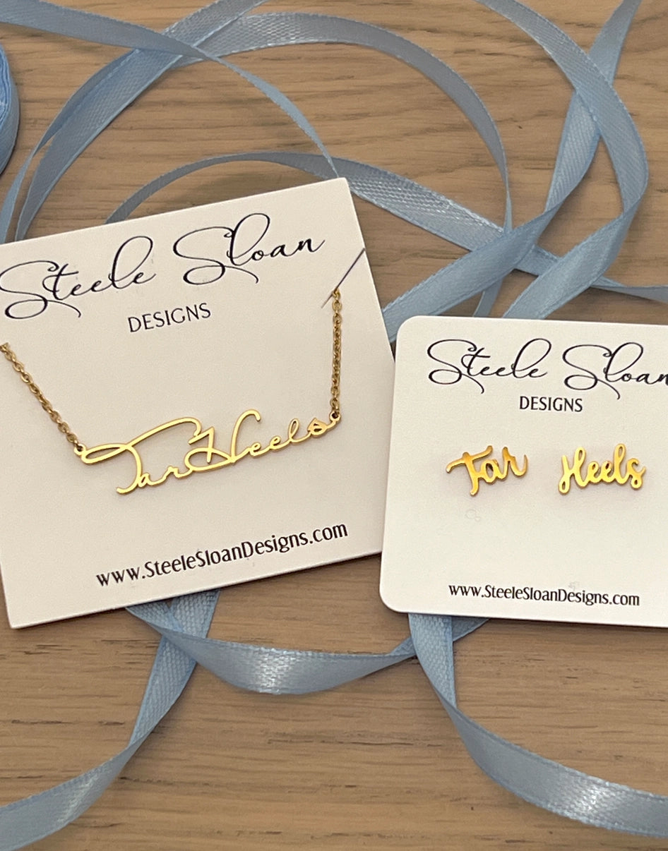 Tar Heels Gold Cursive Necklace by Steele Sloan Designs