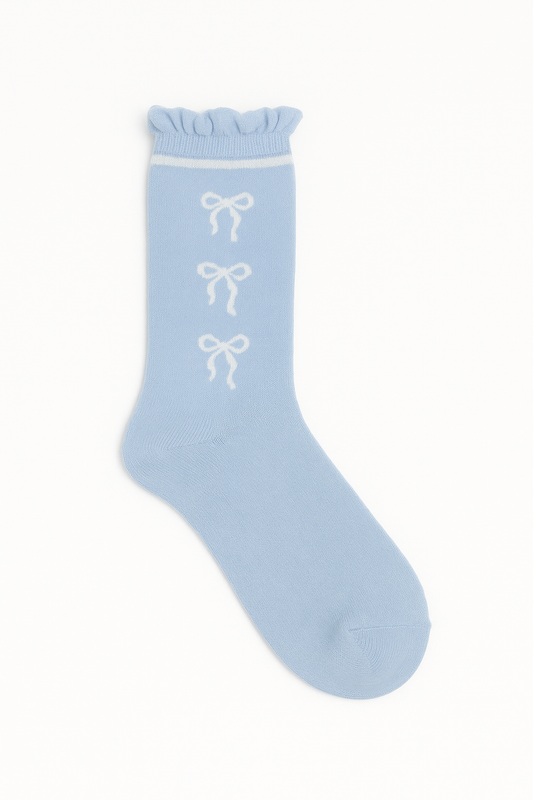 Lacey Light Blue Bow Socks- One Size (5-9.5)