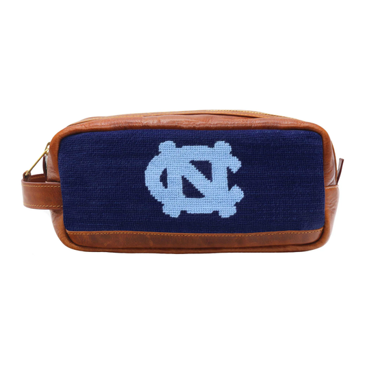 UNC Toiletry Bag with Navy Needlepoint and Leather Details