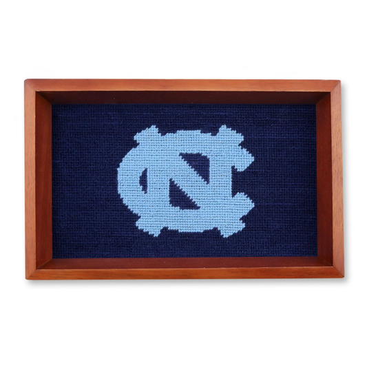 UNC Valet Tray with Navy Needlepoint and Chestnut Wood