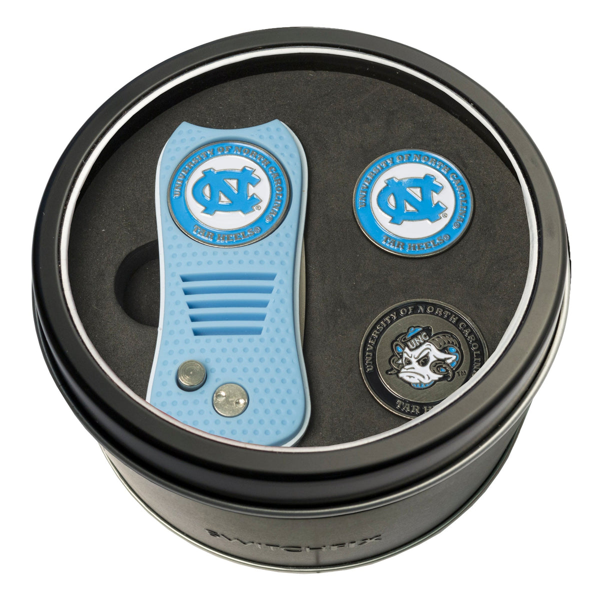 North Carolina Tar Heels Switchblade Divot Tool + 2 Ball Marker Tin Gift Set
