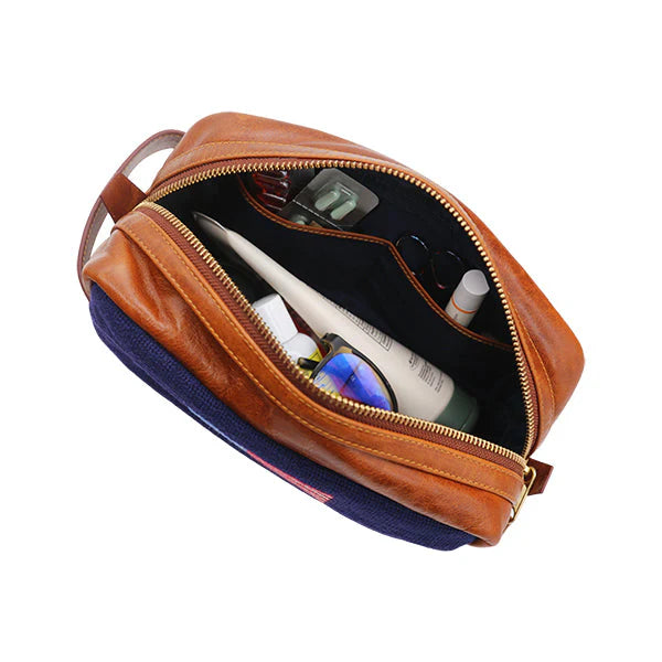 UNC Toiletry Bag with Navy Needlepoint and Leather Details