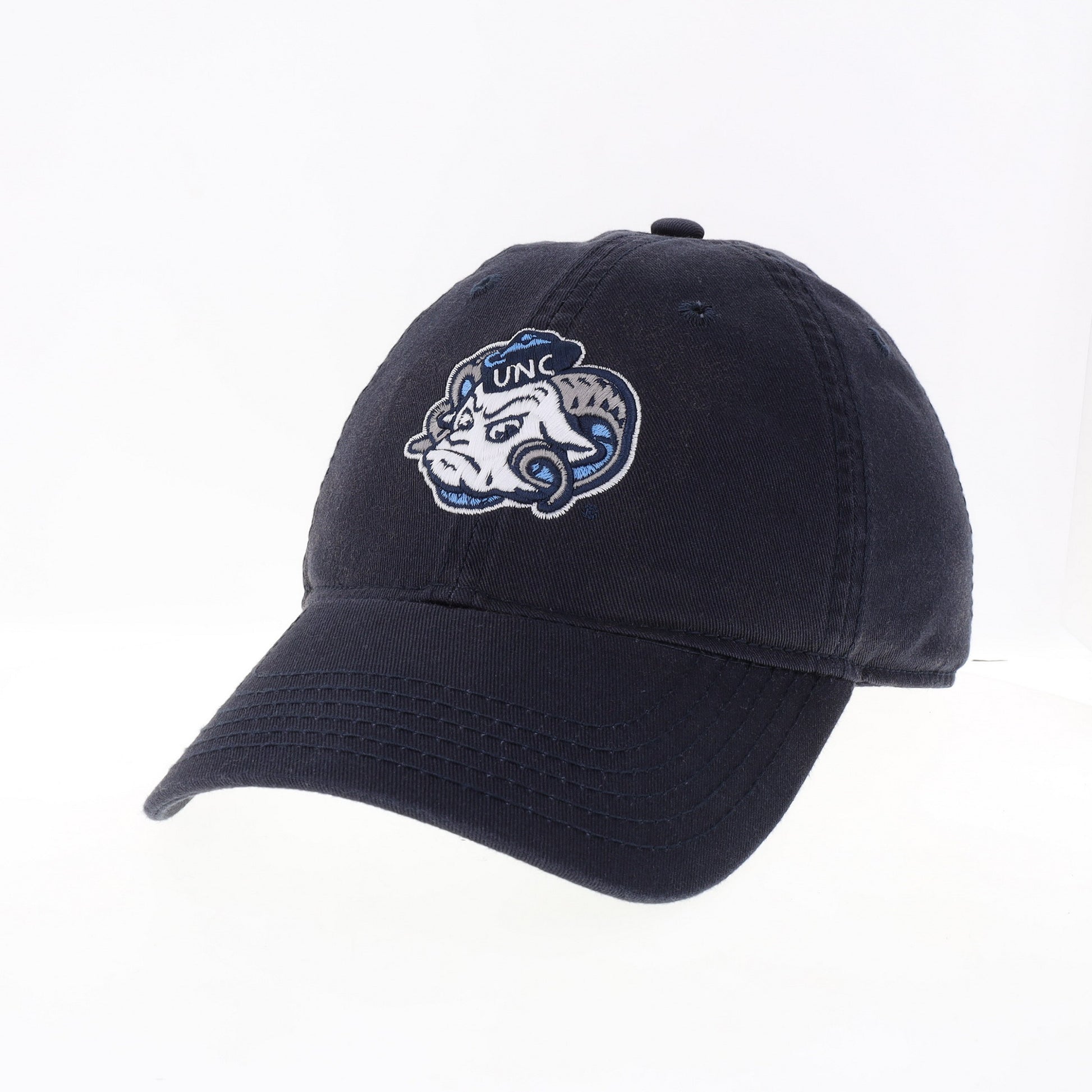Navy Blue Adjustable Adult Hat with UNC Mascot Ram Face Embroidered on the Front 
