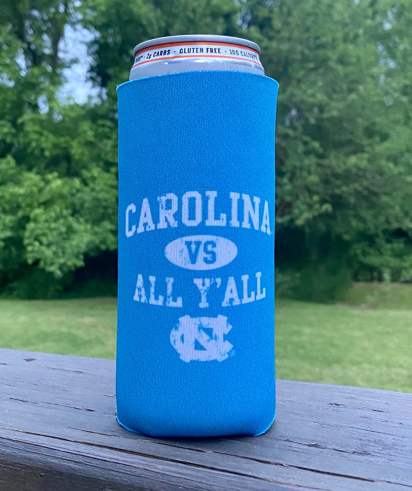 Carolina vs All Y'all Slim Tall Coozie with UNC Logo