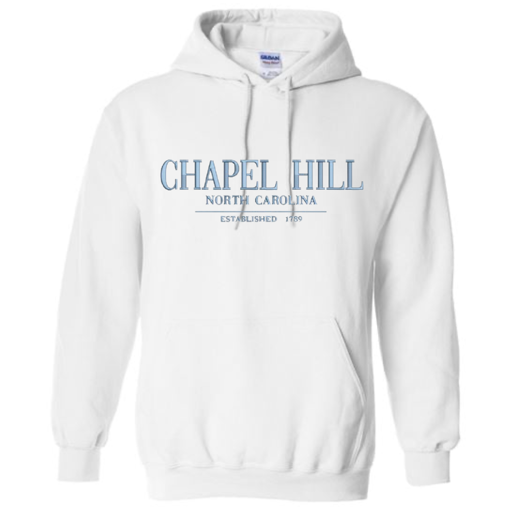 White Chapel Hill Embroidered Hoodie Sweatshirt with Carolina Blue Letters