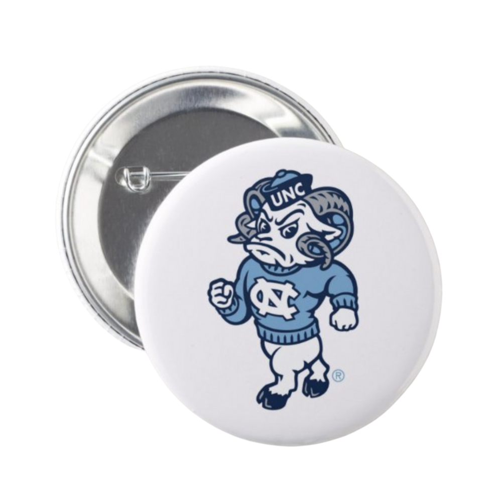 Rameses Logo Button Pin in Carolina Blue and White