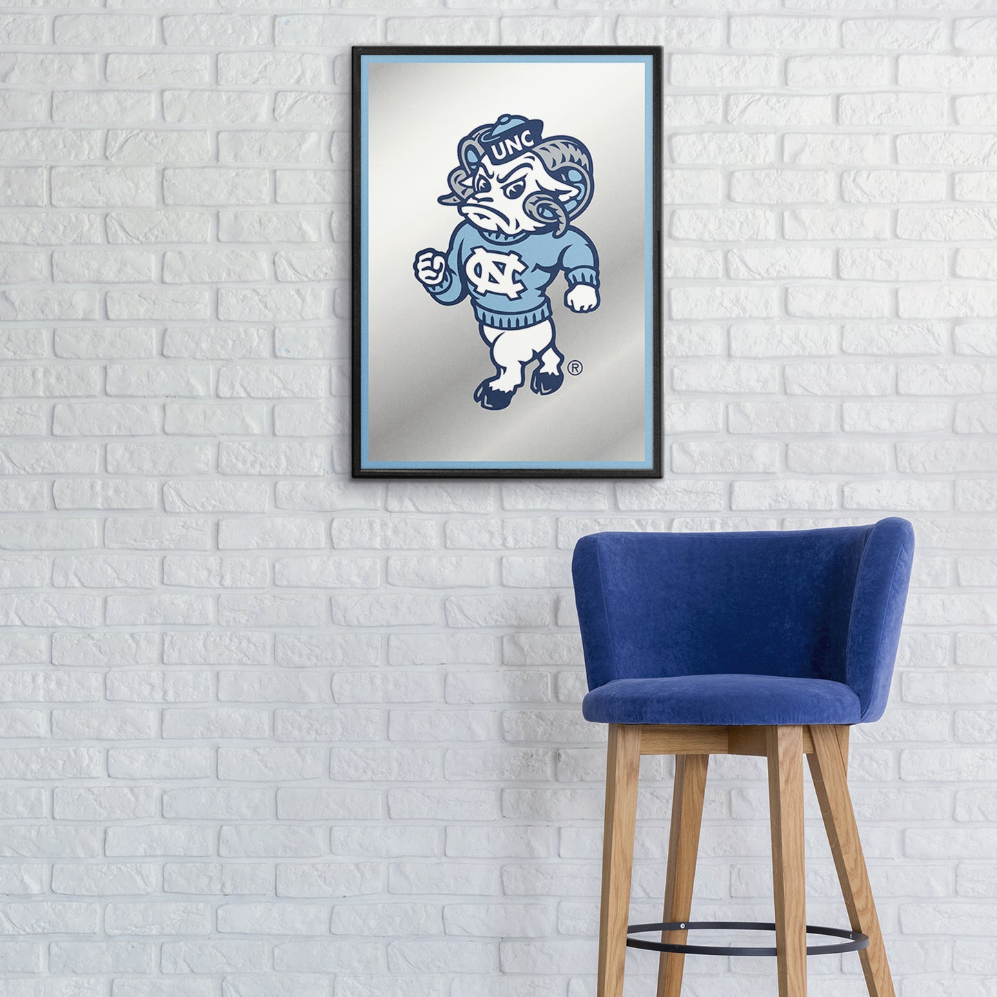 North Carolina Tar Heels: Mascot - Framed Mirrored Wall Sign Carolina Blue Edge