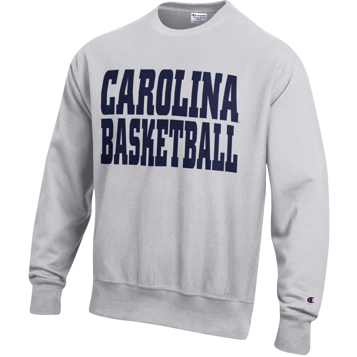 Ash Grey Champion Reverse Weave Crewneck Sweatshirt with Carolina Basketball in Navy Bold lettering 