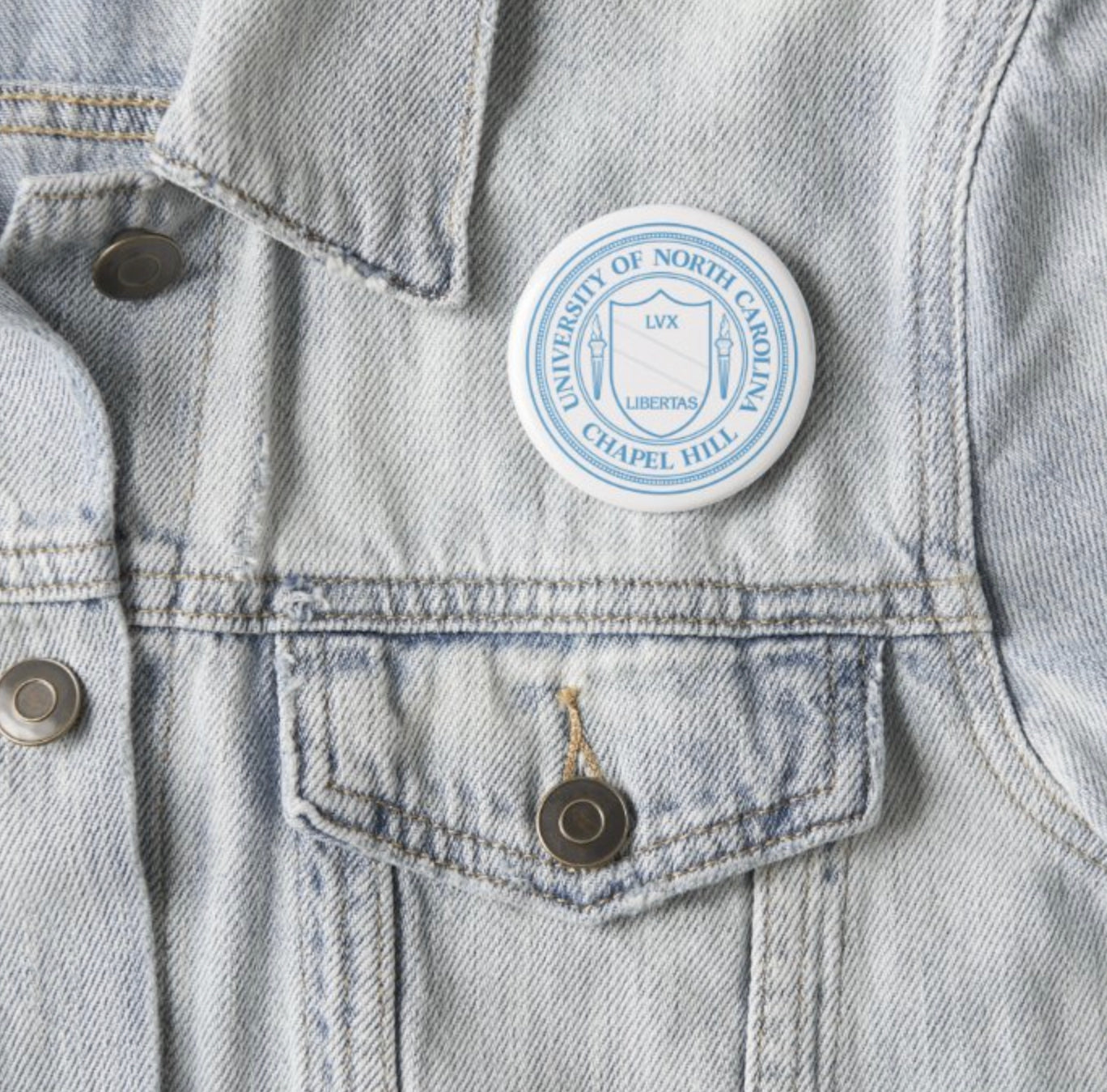 UNC Chapel Hill School Seal Button Pin in Carolina Blue and White