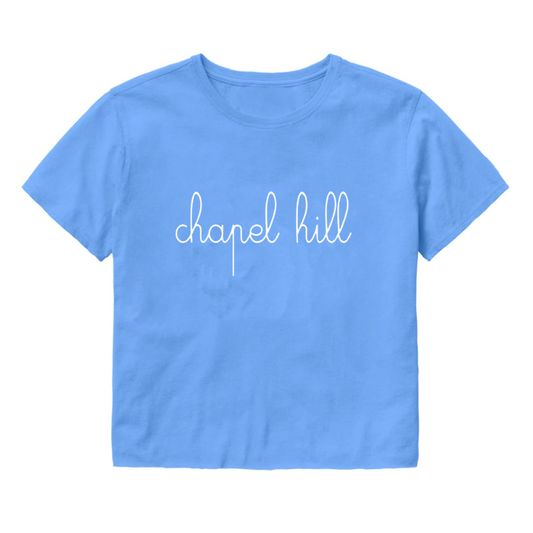 Chapel Hill Cursive Embroidered Crop in Carolina Blue