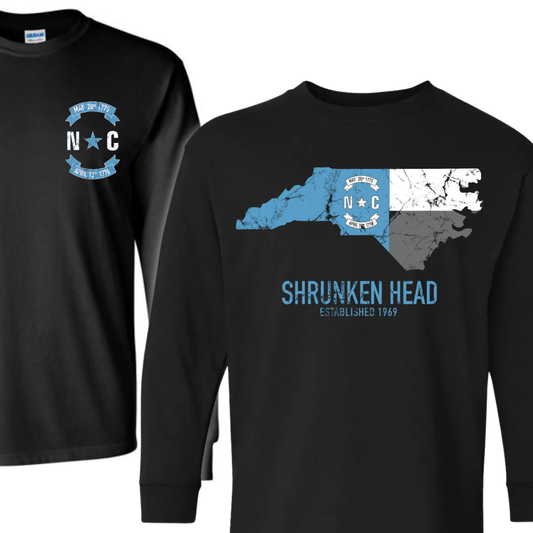 North Carolina Flag Long Sleeve T-Shirt in Black by Shrunken Head