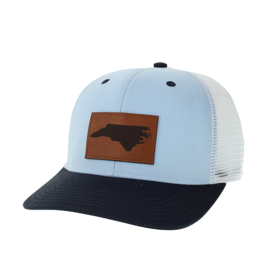 North Carolina Trucker Hat in UNC Blue with Leather NC Patch