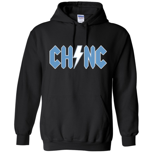 Chapel Hill North Carolina Hoodie in Black with Rock Font - Front View - Shrunken Head