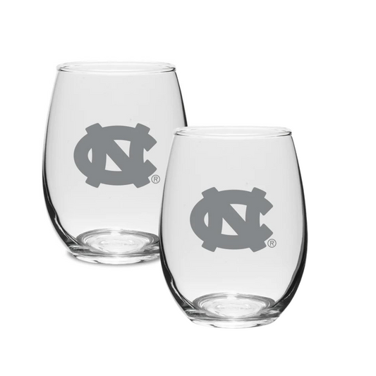 UNC Tar Heels Hand Etched Stemless Wine Glasses Set of Two