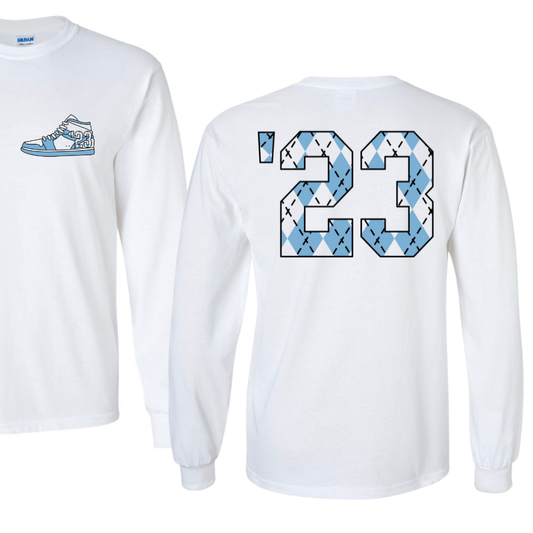 23 Year Sneaker Long Sleeve T-Shirt in White and Carolina Blue