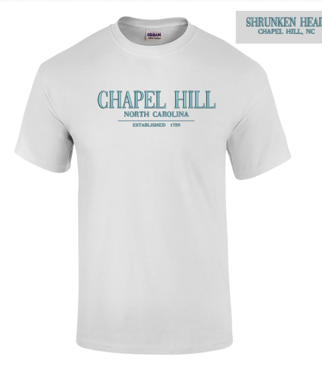 White Chapel Hill Embroidered T-Shirt with Carolina Blue Logo