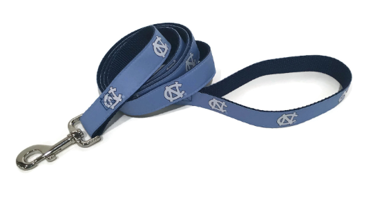 Carolina Blue Dog Leash with White UNC Logos Repeating Down Leash