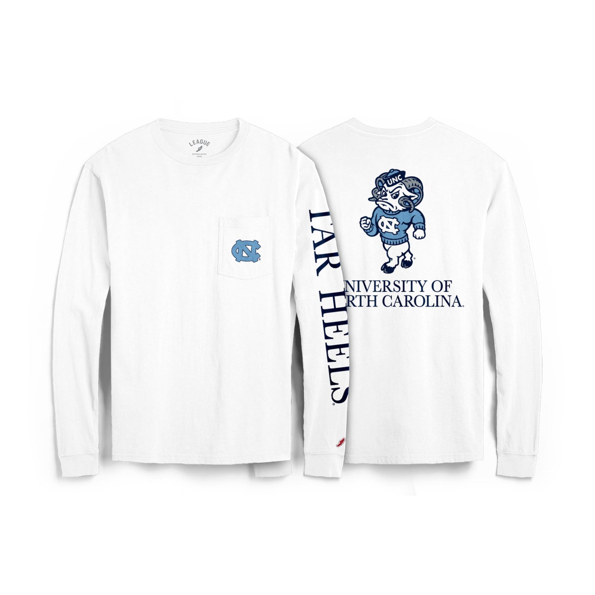 White Unisex Long Sleeve with Pocket and Three Locations of UNC Chapel Hill Logos in Navy and Carolina Blue