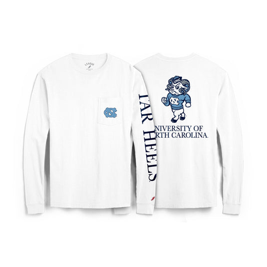White Unisex Long Sleeve with Pocket and Three Locations of UNC Chapel Hill Logos in Navy and Carolina Blue