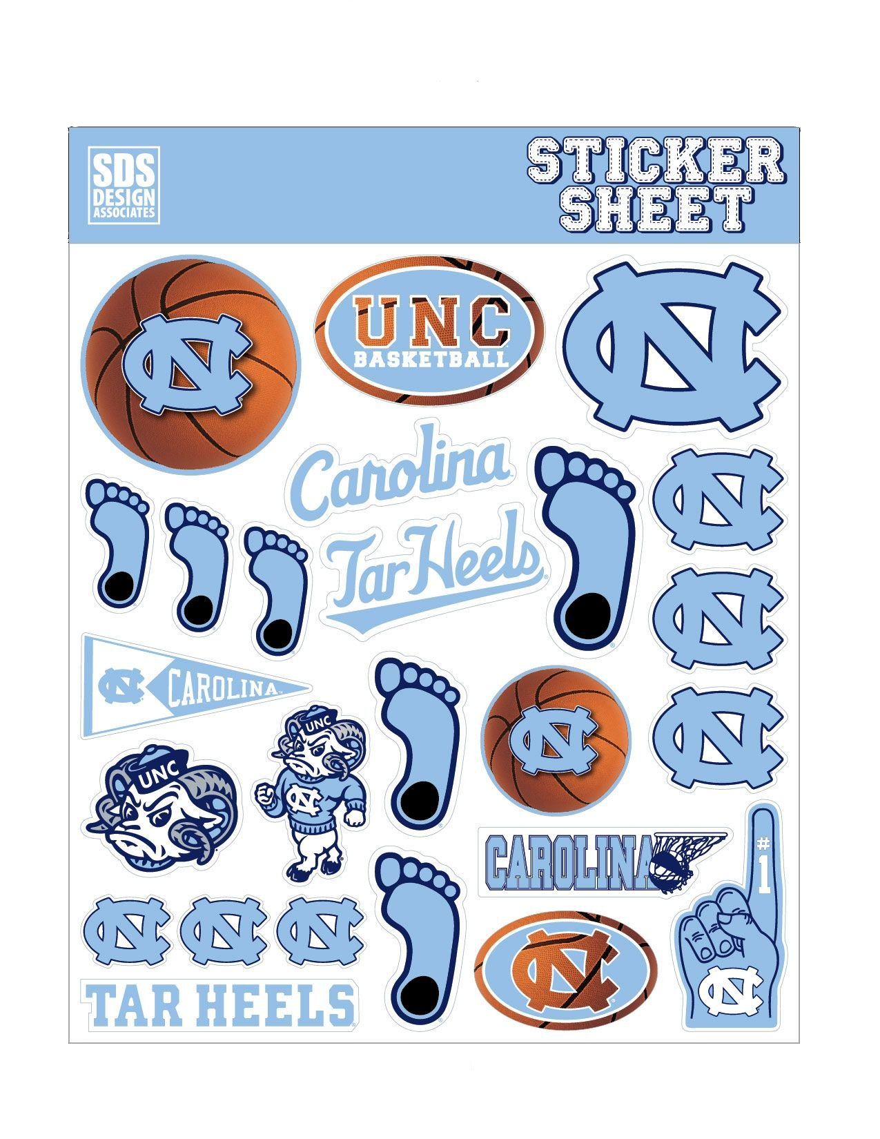 UNC Basketball Themed Sticker Sheet with 25 Carolina Tar Heels Logo Stickers