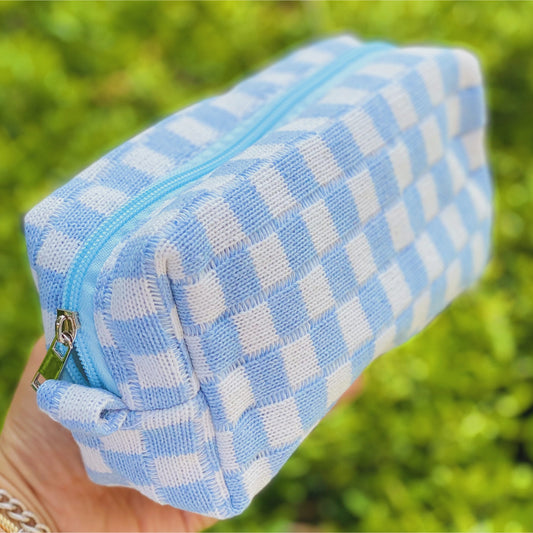 Carolina Blue Checkered Cosmetic Bag