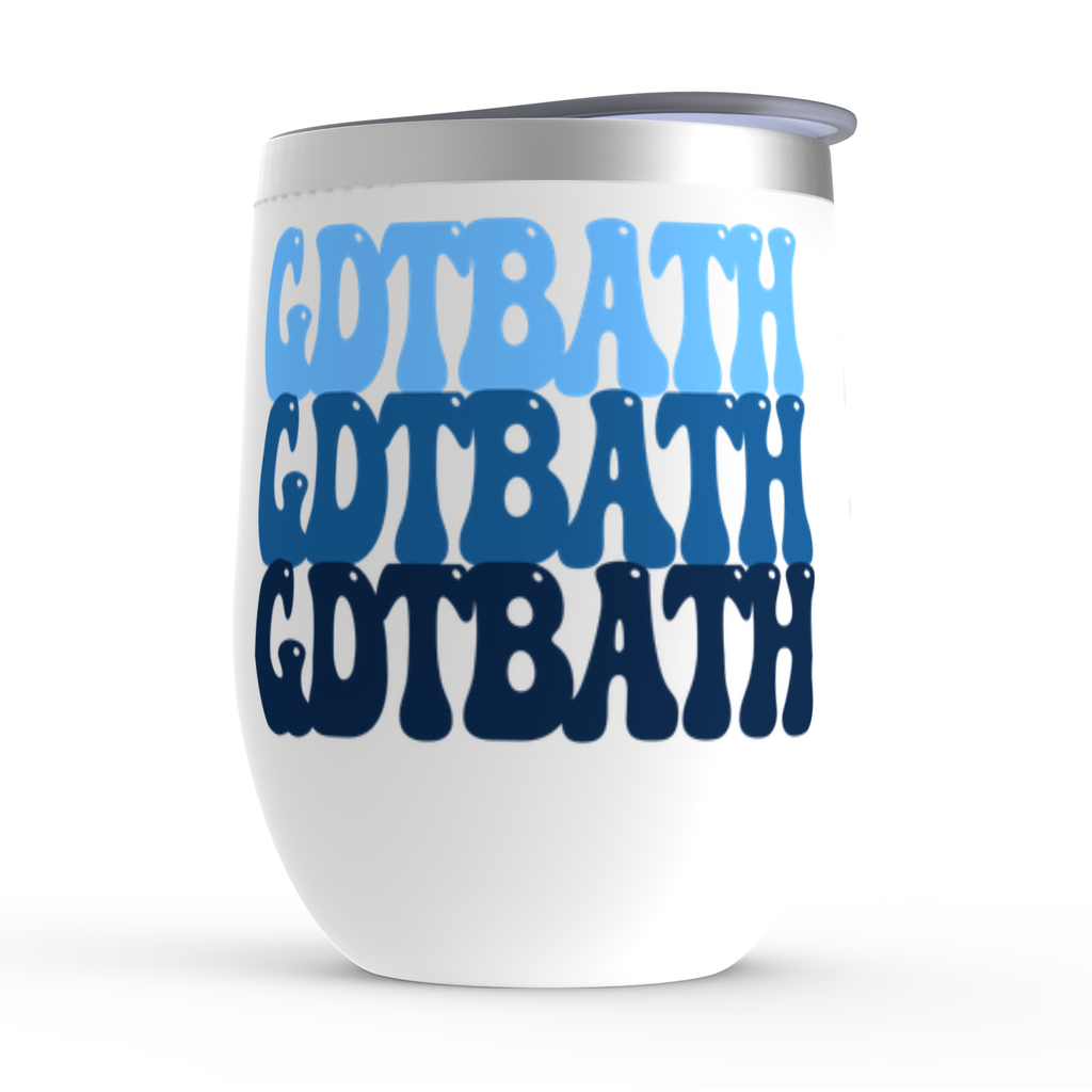 GDTBATH Stemless Wine Tumbler in White with Carolina Blue Groovy Letters